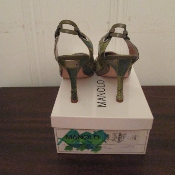 Manolo Blahnik NWOT Green Snakeskin Patchwork Stilettos 6 1/2B - Picture 8 of 9